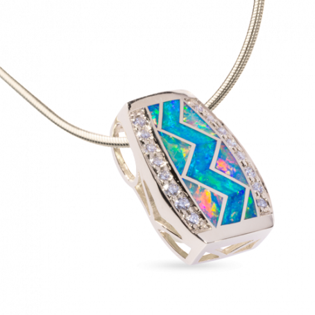 14KW P200 MEDIUM River of Love® PENDANT INLAID WITH FIRE AND BLUE GREEN AUSTRALIAN OPAL WITH .36TDW FVS1 PAVED ROUND BRILLIANT DIAMONDS