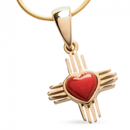 18KY P208 SMALL HEART ZIA PENDANT INLAID WITH RED MEDITERRANEAN CORAL