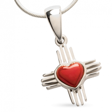 STERLING SILVER P208 SMALL HEART ZIA PENDANT INLAID WITH RED MEDITERRANEAN CORAL