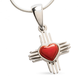 STERLING SILVER P208 SMALL HEART ZIA PENDANT INLAID WITH RED MEDITERRANEAN CORAL