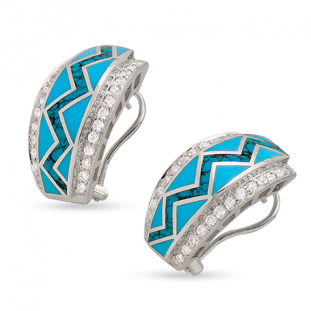 18KW E167 RIVER OF LOVE EARRINGS INLAID WITH SLEEPING BEAUTY AND SPIDERWEB TURQUOISE WITH .78TDW FVS1 PAVED ROUND BRILLIANT DIAMONDS