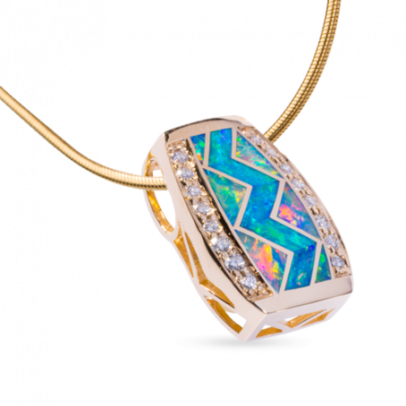 18KY P200 MEDIUM River of Love® PENDANT INLAID WITH FIRE AND BLUE GREEN AUSTRALIAN OPAL WITH .36TDW FVS1 PAVED ROUND BRILLIANT DIAMONDS