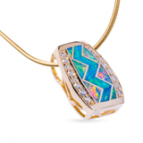 18KY P200 MEDIUM RIVER OF LOVE PENDANT INLAID WITH FIRE AND BLUE GREEN AUSTRALIAN OPAL WITH .36TDW FVS1 PAVED ROUND BRILLIANT DIAMONDS