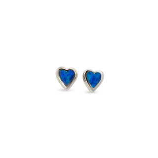 14KW SMALL HEART STUD EARRINGS INLAID WITH BLUE AUSTRALIAN OPAL