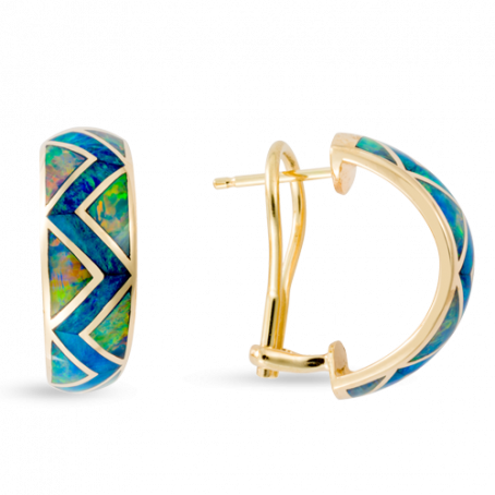 18KY E157 River of Love® ZIG ZAG  HALF HOOP OMEGA BACK EARRINGS INLAID WITH FIRE AND BLUE GREEN AUSTRALIAN OPAL