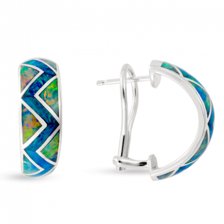 18KW E157 RIVER OF LOVE ZIG ZAG HALF HOOP OMEGA BACK EARRINGS INLAID WITH FIRE AND BLUE GREEN AUSTRALIAN OPAL