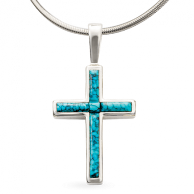 14KW P28 MEDIUM CROSS PENDANT WITH SPIDERWEB TURQUOISE COBBLESTONE INLAY