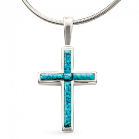 14KW P28 MEDIUM CROSS PENDANT WITH SPIDERWEB TURQUOISE COBBLESTONE INLAY