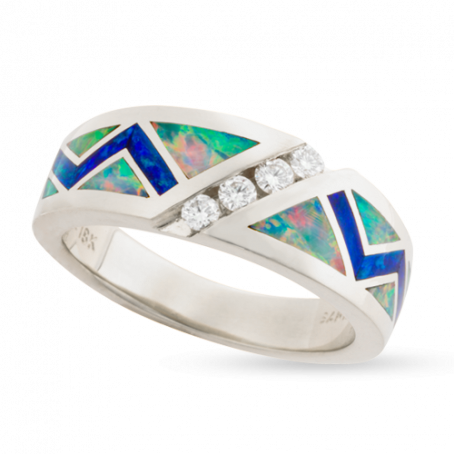 18KW R331 ZIGZAG RING INLAID WITH FIRE AND BLUE GREEN AUSTRALIAN OPAL WITH .20TDW F/VS1 DIAGONAL CHANNEL SET ROUND BRILLIANTS 