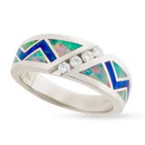 18KW R331 ZIGZAG RING INLAID WITH FIRE AND BLUE GREEN AUSTRALIAN OPAL WITH .20TDW F/VS1 DIAGONAL CHANNEL SET ROUND BRILLIANTS 