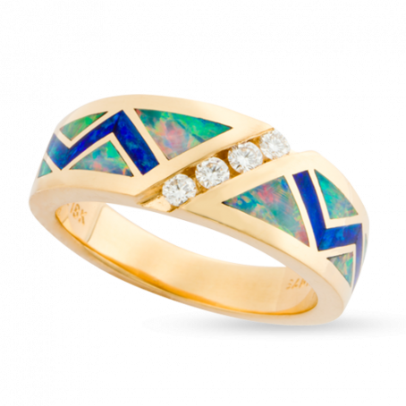 18KY R331 ZIGZAG RING INLAID WITH FIRE AND BLUE GREEN AUSTRALIAN OPAL WITH .20TDW F/VS1 DIAGONAL CHANNEL SET ROUND BRILLIANT DIAMONDS
