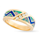 18KY R331 ZIGZAG RING INLAID WITH FIRE AND BLUE GREEN AUSTRALIAN OPAL WITH .20TDW F/VS1 DIAGONAL CHANNEL SET ROUND BRILLIANT DIAMONDS