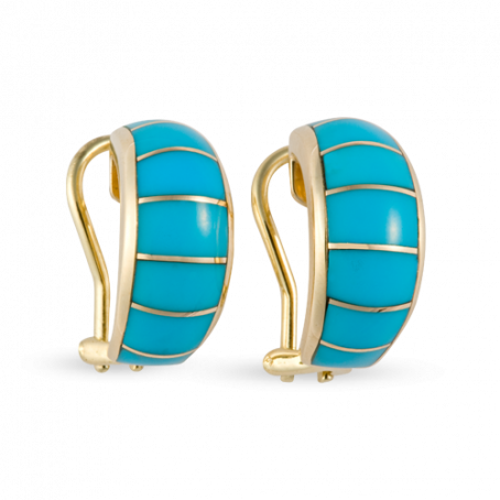 14KY E132 HALF HOOP EARRINGS WITH GOLD BARS AND SLEEPING BEAUTY TURQUOISE INLAY