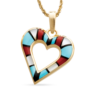14KY P95 HEART PENDANT INLAID WITH SLEEPING BEAUTY TURQUOISE, ONYX, CORAL AND MOTHER OF PEARL