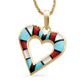 14KY P95 HEART PENDANT INLAID WITH SLEEPING BEAUTY TURQUOISE, ONYX, CORAL AND MOTHER OF PEARL