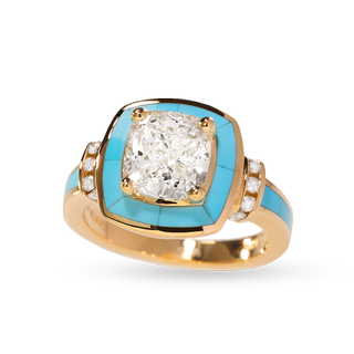 Sleeping Beauty Turquoise Halo Ring with Cushion Cut Diamond