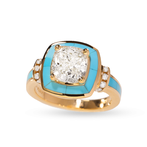 Sleeping Beauty Turquoise Halo Ring with Cushion Cut Diamond