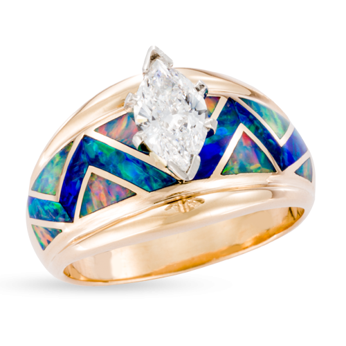 Opal River Of Love Ring with Flared Edge & Marquise Diamond