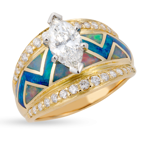 Opal River Of Love Ring with Flared Pavè Edge & Marquise Diamond
